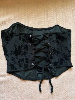 Black Lace-Up Velvet Floral Corset Waist Cincher
